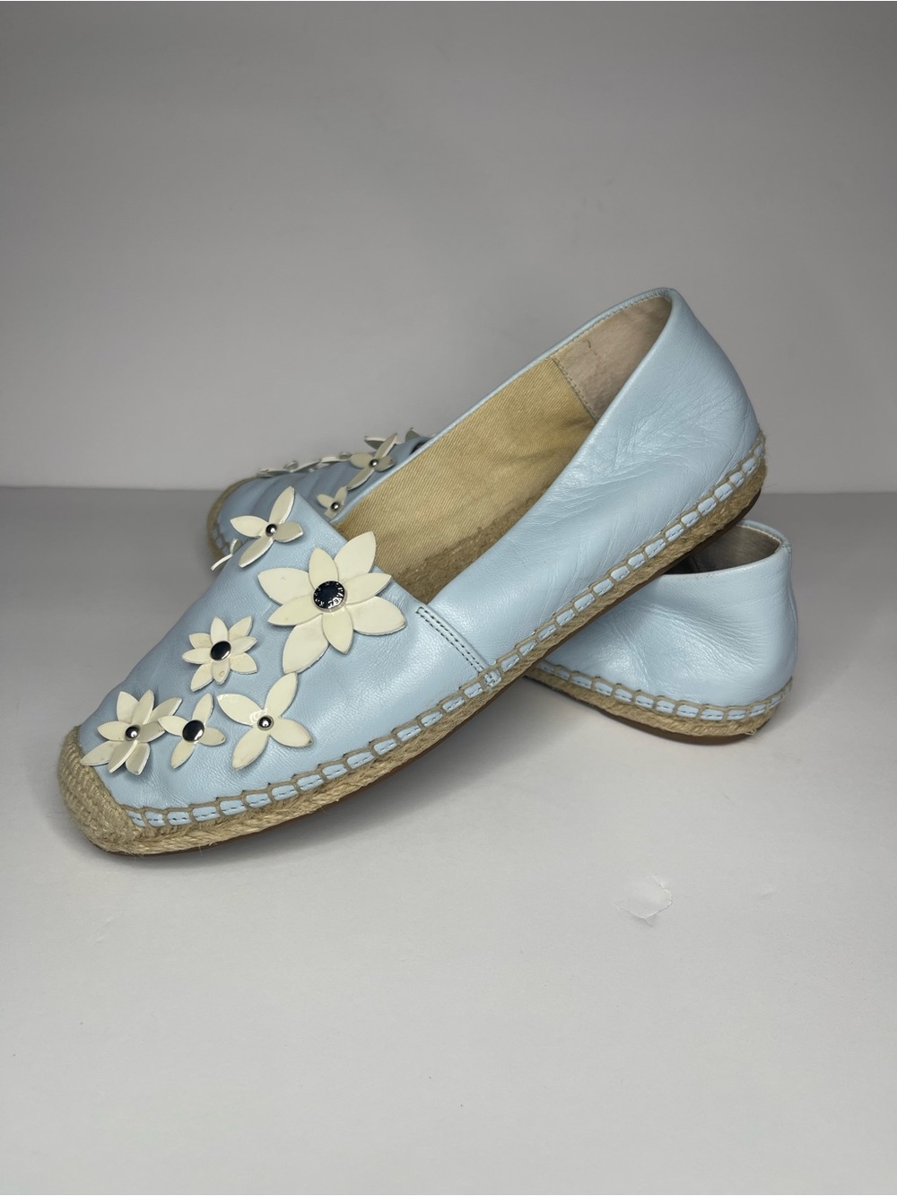 Michael Kors Light Blue Leather Lola Espadrilles size 36 Floral Appliqué